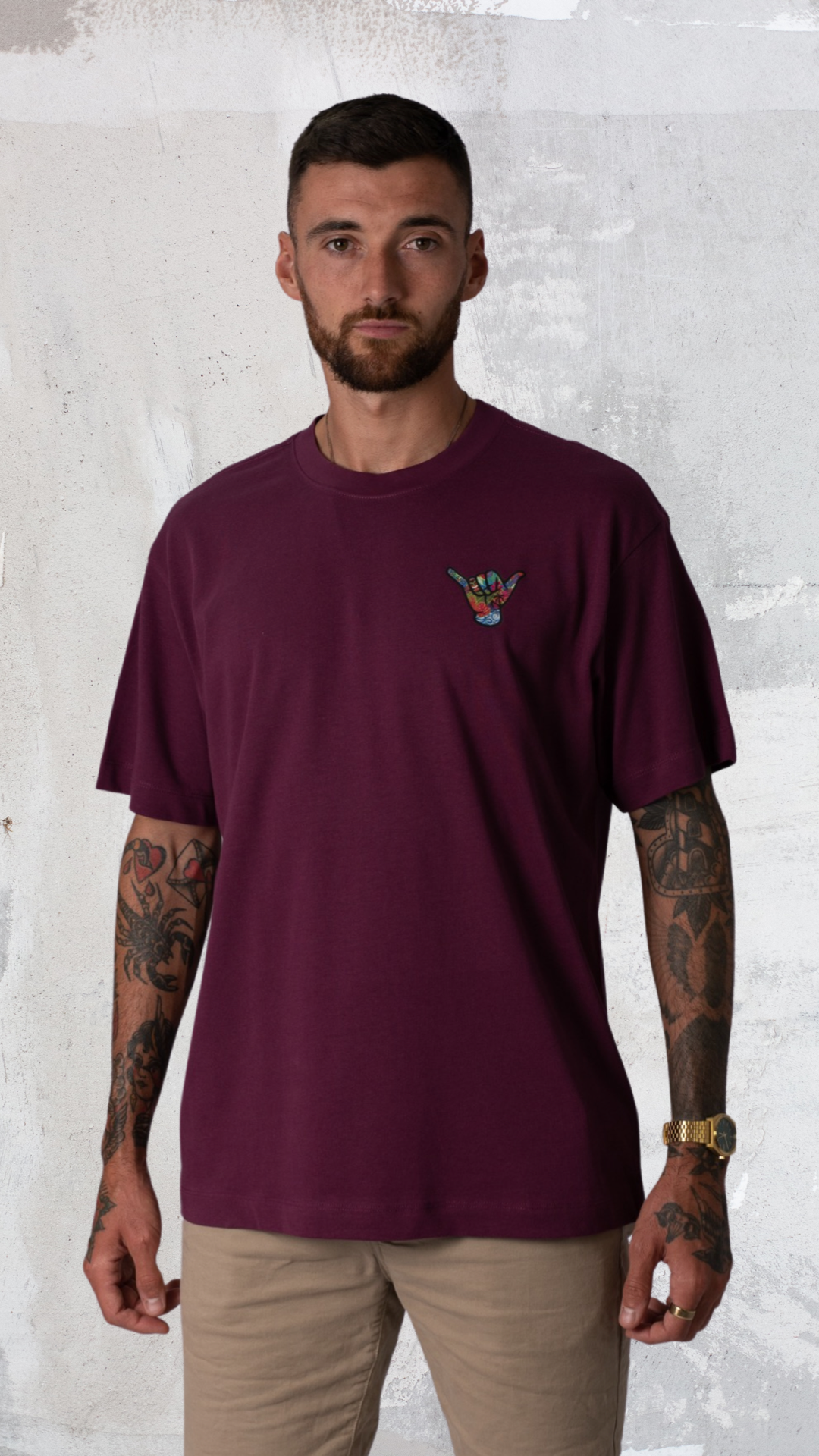 Shaka Hand Heavy Weight T shirt (Burgundy)